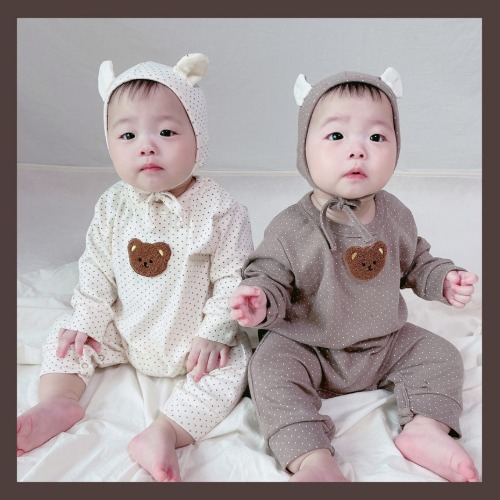 쿠잉키즈-BABY - R곰도트슈트(모자set) 신생아바디슈트 100일 백일아기옷 선물