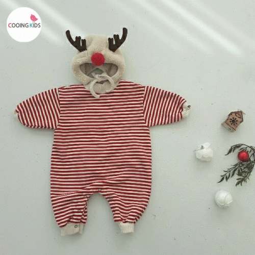 쿠잉키즈-BABY - P루돌프슈트(모자set) 크리스마스 아기바디수트 루돌프옷 모자